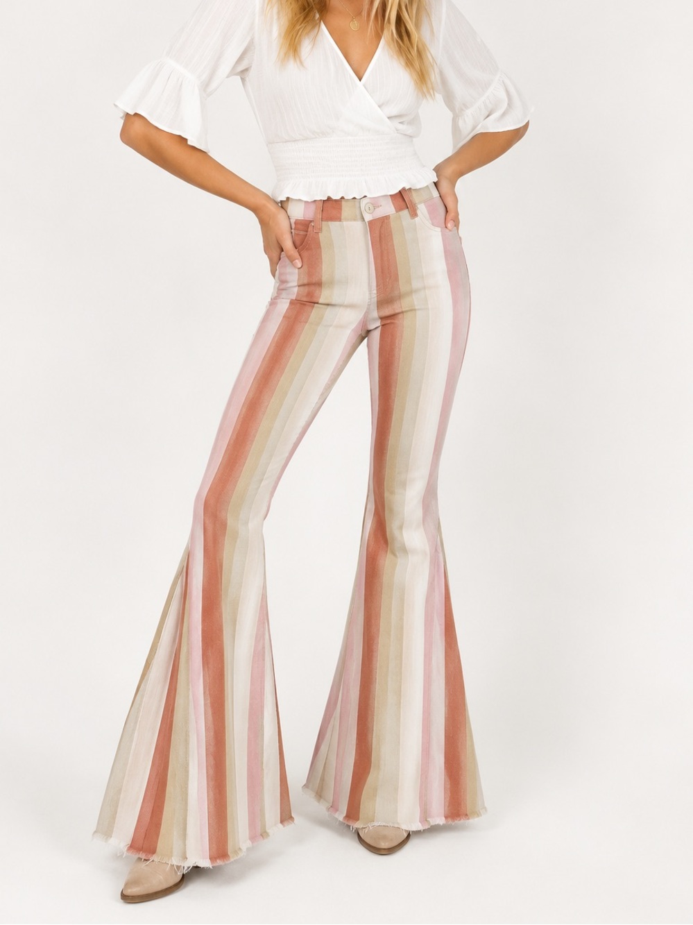 Altar’d State Emerie Striped Flare Jeans Bell Bottom Boho Peach Taupe Size S
